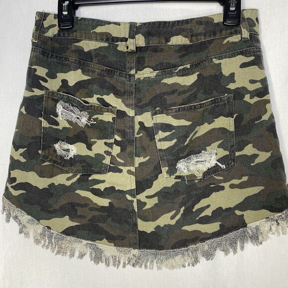 EE:SOME Skirt Camouflage Distressed 5 Pocket Raw Fringe Mini Boho Camo Size S - Picture 2 of 7